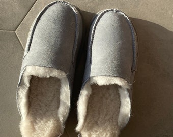 Women Sheepskin Moccasins, Fluffy Wool Slippers, Grey White Leather Flip-flops