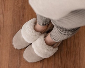 Women Natural Sheepskin Slippers, Beige Fur Moccasins, Handmade Home Shoes from 100% Natural Leather, Perfect Gift Idea For Her, mothers day