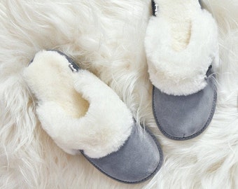 Women's Slip on Sheepskin Slippers, Grey and White Fluffy Slippers, Handmade Home Shoes, Gift idea for her