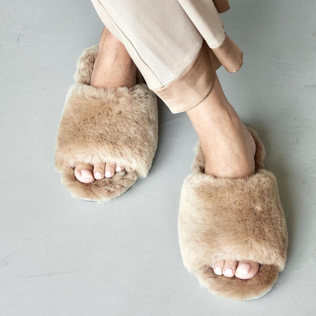 Wool Slides Natural Women Sheepskin Slippers Slides for Her, Natural Comfy Wool ...
