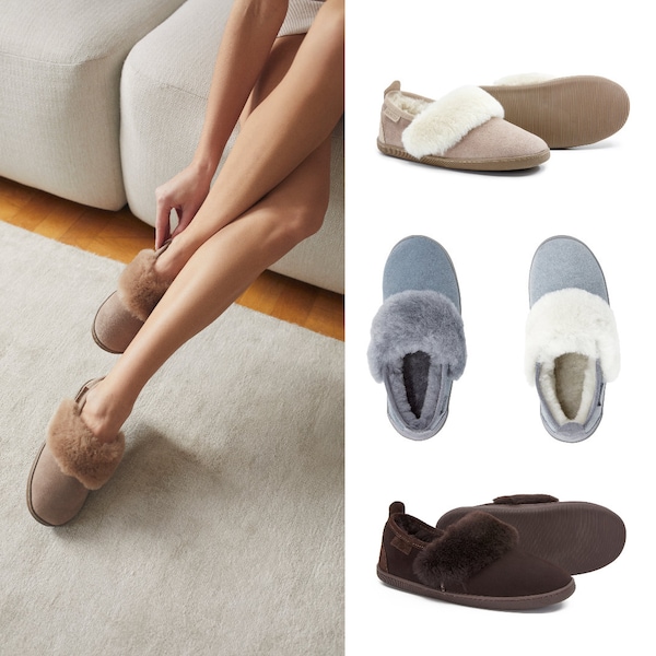 Pantoufles en fourrure naturelle pour femmes, chaussons pour femmes en peau de mouton, chaussures de maison chaudes et moelleuses, 100 % cuir de peau retournée, cadeau fête des mères