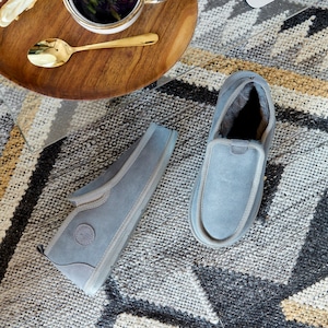 Men&#39;s Leather Ankle Slippers, Natural Sheepskin Grey Home Shoes, Fur Boots