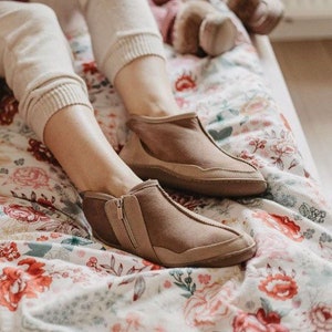 Women 100% Natural Sheepskin Slippers with Zipper, Beige Home Shoes for Her, Ladies Woollen Boots