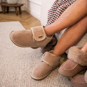 Luxury Women Grandma Sheepskin Slippers with velcro 36-42, 100% Natural Leather Home Shoes for Ladies, Beige Wool Boots for her, gift idea