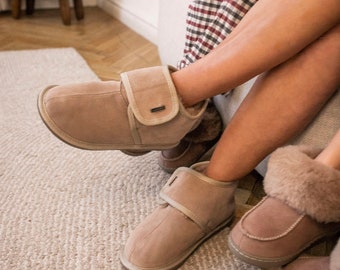 Luxury Women Grandma Sheepskin Slippers with velcro 36-42, 100% Natural Leather Home Shoes