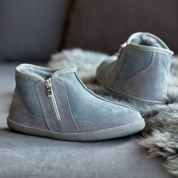 Luxury Women's Sheepskin Slippers with Zipper, Grey Home Shoes, Woollen Boots for her, perfect gift idea for mother, 100% natural leather