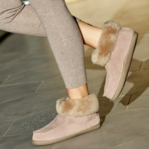 Hoge Slippers Damesglijbladen Warme Slippers Warme Slippers Bamboe van natuurlijk leer Vanuba schapenvacht Vanuba Beige Cadeau