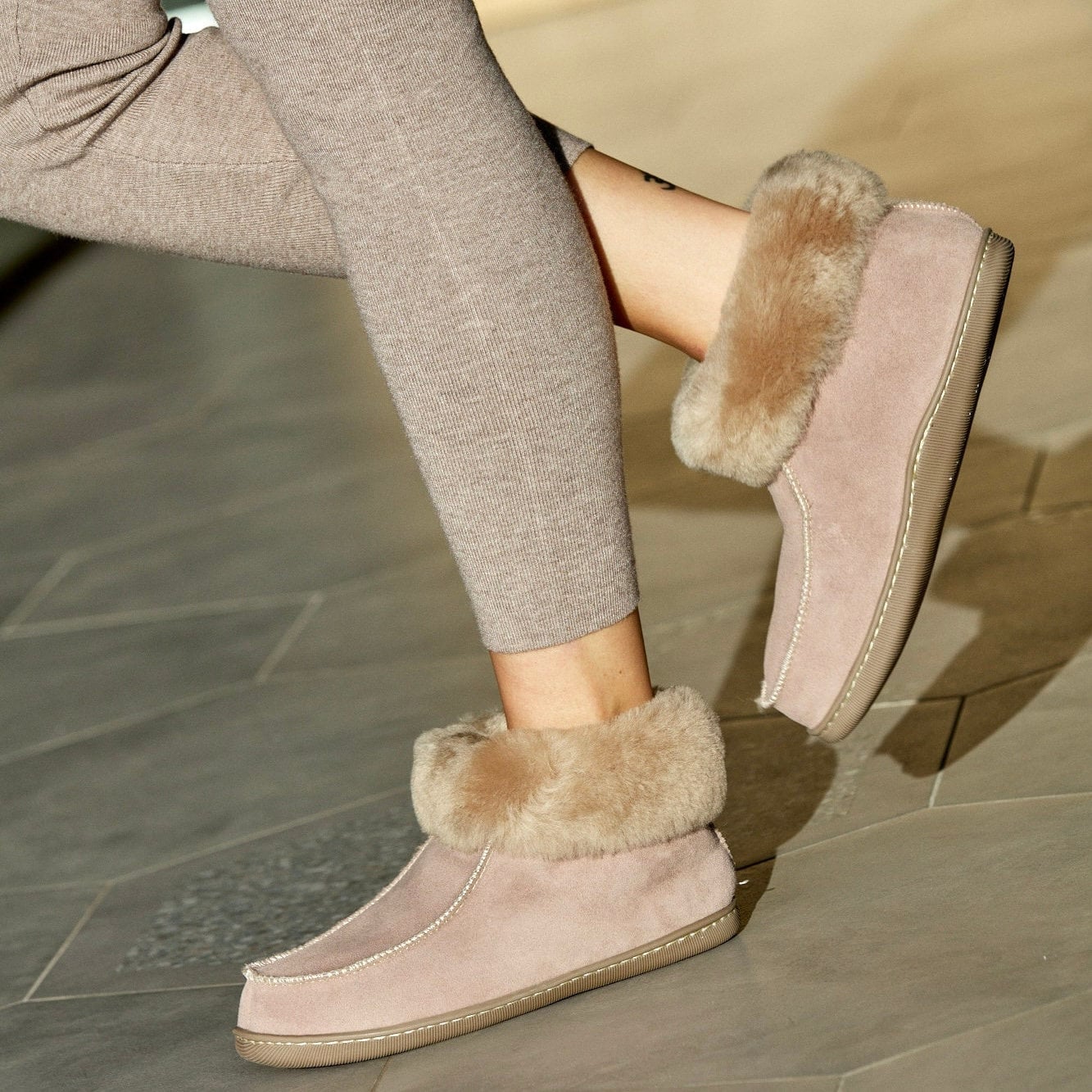 Luxury Women Ankle High Warm Sheepskin Slippers 36-42, 100% Natural leather Boots, Beige Comfortable Fur Slippers, cozy gift idea for her