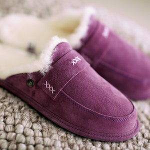 Luxury Violet Slip on Natural Slippers for Women, Sheepskin Moccasins, Fluffy 100% Wool Flip-flops, gift idea for her, size: 36-42 VANUBA