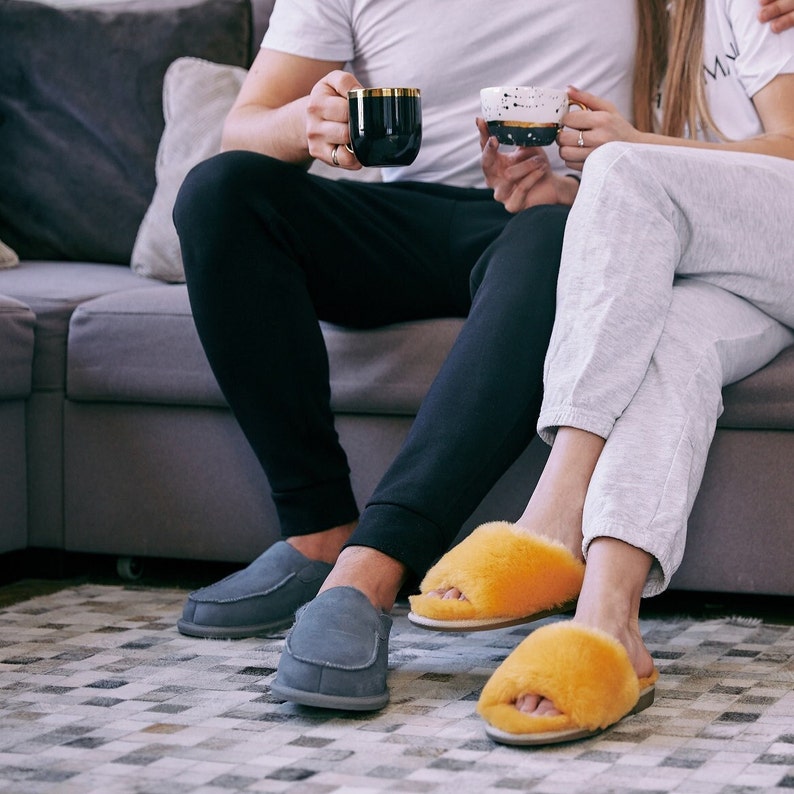 Luxury Men Natural Sheepskin Mules 41-47, Lether Grey Slippers for him, Warm Slip on Wool House Shoes, 100% Handmade, gift idea for him