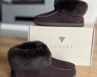 Women High Ankle 100% natural Sheepskin Slippers, Warm Brown Slipper Boots, Sheep Wool House Shoes, barefoot gift for her Christmas Xmas