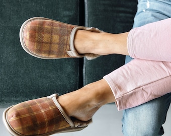 Women Slippers, Checkered Sheepskin Home Shoes, Red Slip-on Slippers Tartan