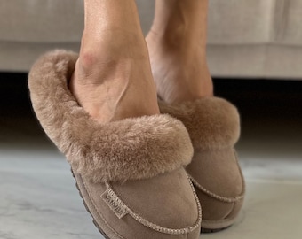 Women Sheepskin Slippers, Beige Plush Slippers, 100% Leather House Flip-flops, Unique Gift Idea For Her