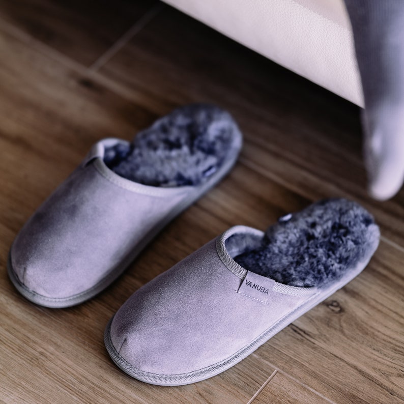 Men natural Sheepskin Slippers, Leather Grey Home Flip-flops for him, 100 % Handmade made in Poland, size: 41-47, perfect gift for Xmas image 5