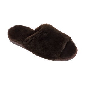 Aesthetic Ladies Woollen Slippers, Natural Letaher, 100% Fluffy Sheepskin, Open Toe, Sliders size 36-42, Flip flop Chocolate image 7