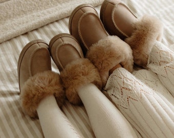 Leder Hausschuhe für Kinder, Beige Lammfell Schlappen, Warme Kinder Stiefel, Größe 31-35