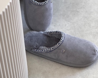 Gray Sheepskin women Slippers: Wool Lined Mules with Ethnic Trim (Size 36-42) color gray grey