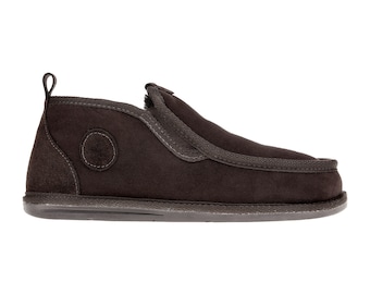 Men 100% Natural Leather Ankle High Slippers, Sheepskin Brown Home Shoes, Fur Boots