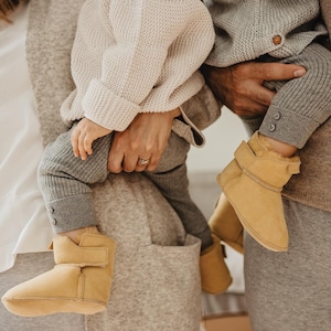 Pram Baby Sheepskin Booties, Beige Grey Pink Mustard Slippers with Soft Sole for Newborn, First Shoe Slippers for girl and boy, Xmas gift