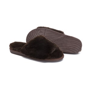 Aesthetic Ladies Woollen Slippers, Natural Letaher, 100% Fluffy Sheepskin, Open Toe, Sliders size 36-42, Flip flop Chocolate image 2