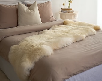 Genuine Natural Double Sheepskin Rug size 180-200cm White/Cream Ivory long throw, 100% ORGANIC lambskin carpet, bedspread, pelt, chair cover