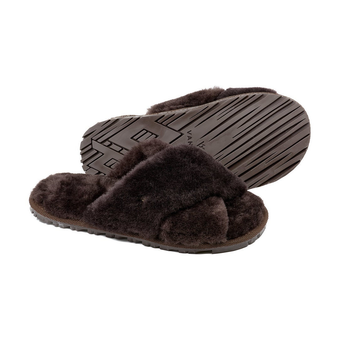 Luxury Sheepskin Brown Crossover Slippers for Women 36-42, Fluffy Soft ...