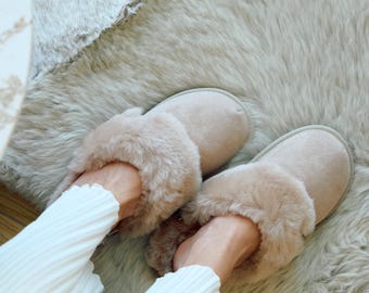 Sheepskin Suede Beige Slippers: Women's Genuine Leather Mules with Wool Lining size 36-42 comfortable warm and cozy