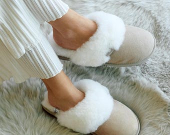 Luxury Natural Sheepskin Women Slippers, Ladies Home Genuine Sheepskin Mules slip on, 100 % natural leather suede, perfect gift idea for her