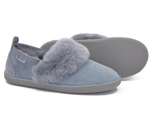 Women Natural Sheepskin Slippers, Grey Fur Moccasins, Handmade Home Shoes from 100% natural leather, perfect gift for her, mothers day gift