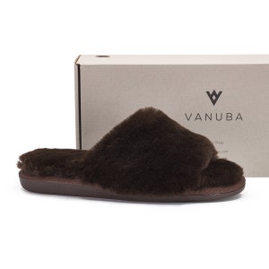 Aesthetic Ladies Woollen Slippers, Natural Letaher, 100% Fluffy Sheepskin, Open Toe, Sliders size 36-42, Flip flop Chocolate image 9