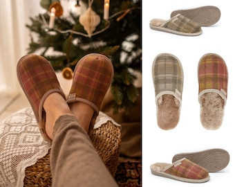 Women’s Slippers, Checkered Sheepskin Home Shoes, Red Slip-on Slippers Red and Olive
