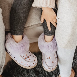 Stylish Sheepskin Booties Slippers   26-30 for girls, Lilac Shiny Stars Warm Slippers, Children House Shoes, Real Sheepskin, Merino wool