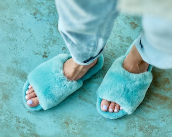 Women's Sheepskin Slippers, Turquoise Fluffy Slippers, Handmade Home Footwear