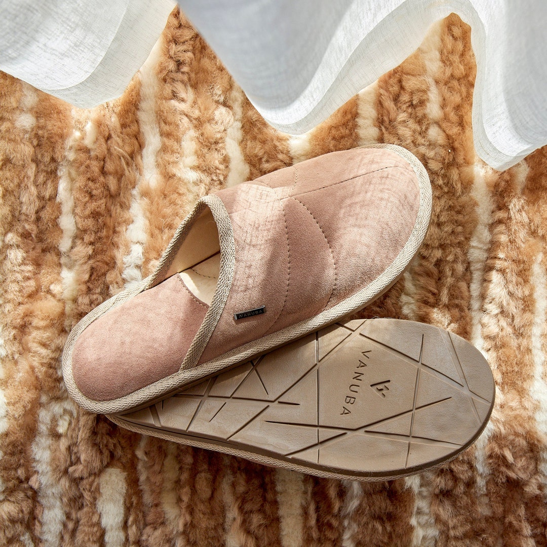 Classic Men's Natural Leather Slip-on Slippers 41-47, Beige Genuine ...