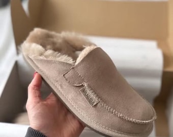 Women Natural Sheepskin Moccasins, Fluffy Wool Slippers, Beige 100% Leather Flip-flops, Perfect Gift Idea For Her