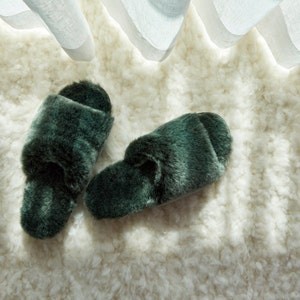 Women's Sheepskin Slippers, Emerald Fluffy Wool Flip-Flops, Handmade Soft Slide