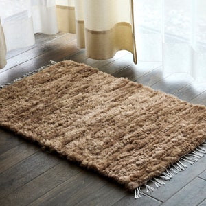 Natural Kand-knotted Beige Rug, Exclusive Hand-Woven Sheep skin Throw, Wool Carpet, ZERO WASTE rug for home, handmade gift idea for home image 1