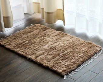 Alfombra beige anudada Kand natural, alfombra exclusiva de piel de oveja tejida, alfombra de lana hecha a mano, alfombra ZERO WASTE para el hogar, idea de regalo hecha a mano para el hogar