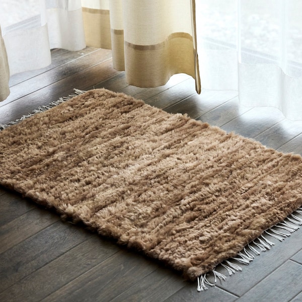 Alfombra beige anudada Kand natural, alfombra exclusiva de piel de oveja tejida, alfombra de lana hecha a mano, alfombra ZERO WASTE para el hogar, idea de regalo hecha a mano para el hogar