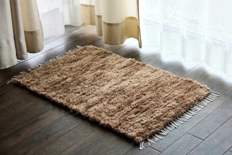Natural Kand-knotted Beige Rug, Exclusive Hand-Woven Sheep skin Throw, Wool Carpet, ZERO WASTE rug for home, handmade gift idea for home image 1