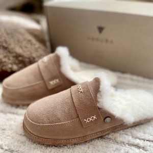 Beige Slip on Slippers for Women, 100% Natural Sheepskin Moccasins, Fluffy Wool, Perfect Gift Idea For Her