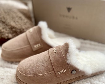 Beige Slip on Slippers for Women, 100% Natural Sheepskin Moccasins, Fluffy Wool, Perfect Gift Idea For Her