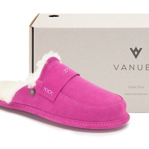 Luxury Pink Slip on Slippers for Women 36-42, Natural 100% Sheepskin Moccasins mule , Fluffy Wool Flip-flops, stylish, gift idea for her image 5