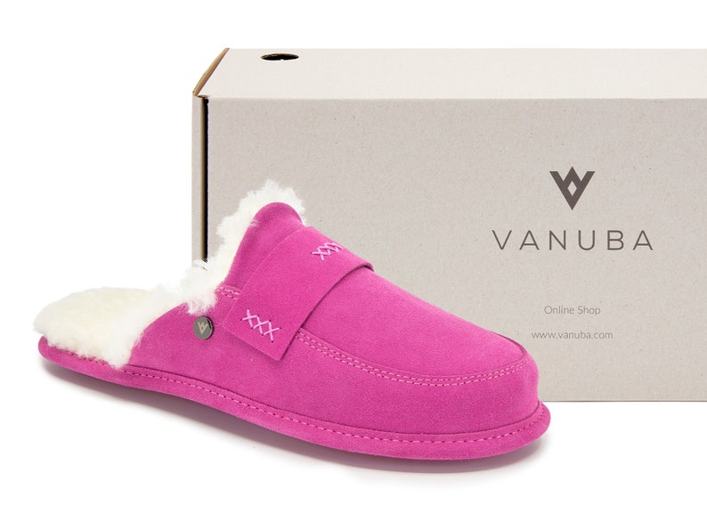Luxury Pink Slip on Slippers for Women 36-42, Natural 100% Sheepskin Moccasins mule , Fluffy Wool Flip-flops, stylish, gift idea for her image 5