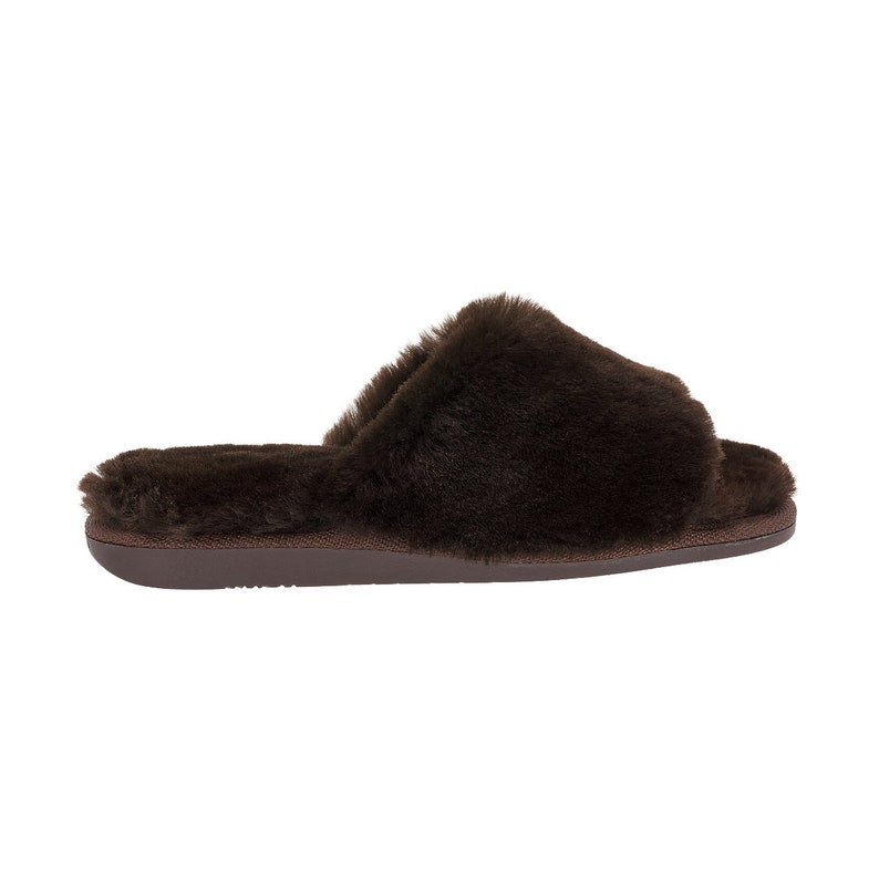 Aesthetic Ladies Woollen Slippers, Natural Letaher, 100% Fluffy Sheepskin, Open Toe, Sliders size 36-42, Flip flop Chocolate image 4