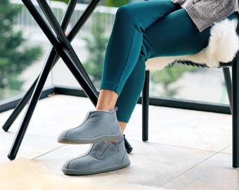 Women Sheepskin Slippers Ankle High 36-42, Grey Leather Boots for Ladies, Handmade Wool Slippers 100% natural leather, gift idea for her