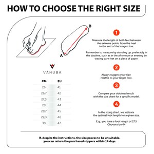 May include: A diagram showing how to measure your feet for the correct shoe size. The diagram shows a foot with a red line drawn from the heel to the tip of the longest toe. The text explains to measure both feet and to use the larger measurement. A size chart is included with measurements in centimeters and European sizes.