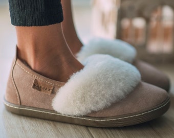 Women Sheepskin Slippers, Beige Fur Moccasins, Handmade Home Shoes from 100% natural leather, perfect gift for her. mothers day gift