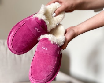 Luxury Pink Slip on Slippers for Women 36-42, Natural 100% Sheepskin Moccasins mule , Fluffy Wool Flip-flops, stylish, gift idea for her