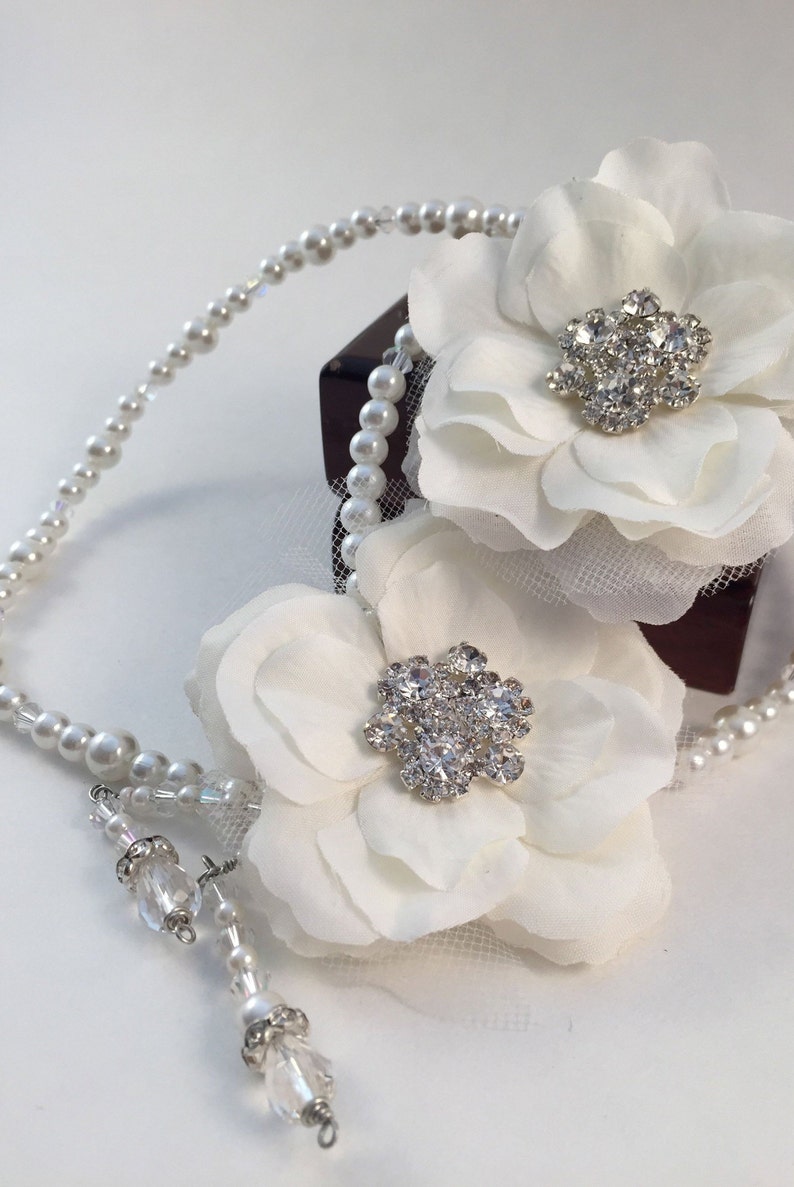 Pearl rhinestone flower crown Silk White Botanical Flower rhinestone crown Pearl rhinestone Bridal hair accessories